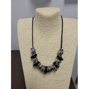 Chico's Dramatic Black and Silver Tone Disk Cluster Necklace on Black Cord EUC